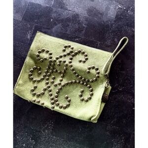 McFadin Stacy & Laurie Lime Green Brass Studded Leather Wristlet Clutch Bag Boho
